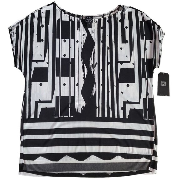 Clara Sun Woo Blouse Womens Small Black White Geometric Lightweight New With Tag - Picture 1 of 14